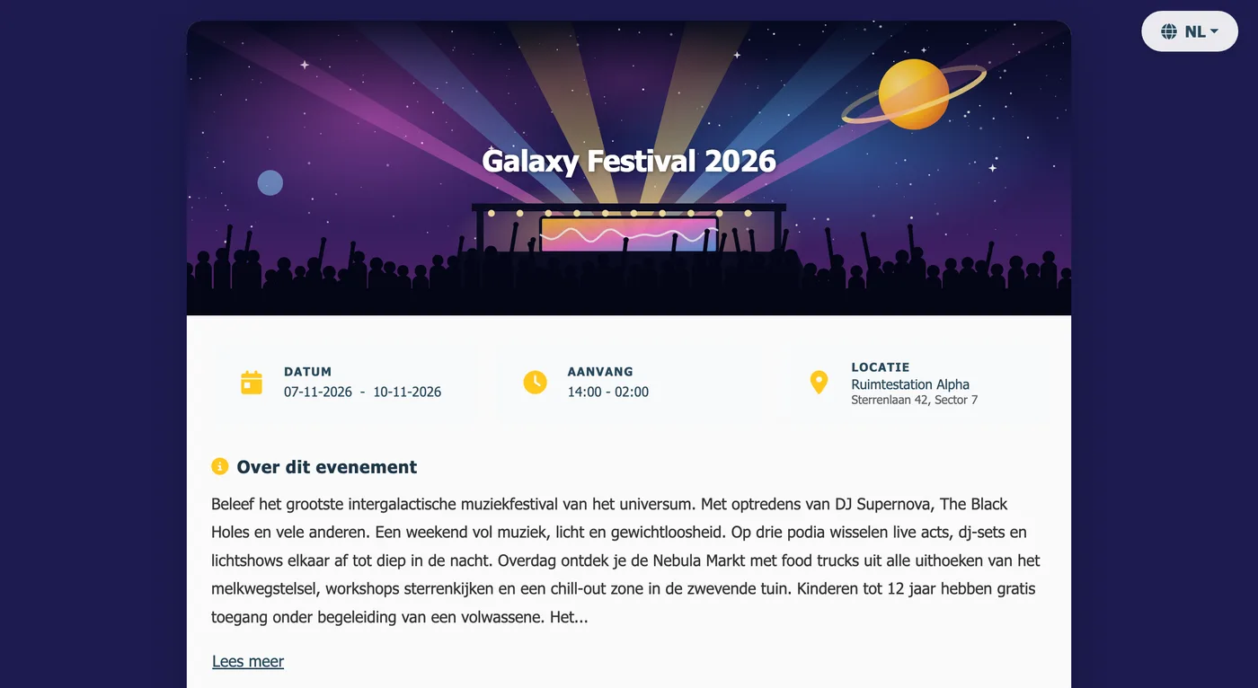 Voorbeeld van een ticketpagina met datum, locatie, beschrijving en ticketkeuze